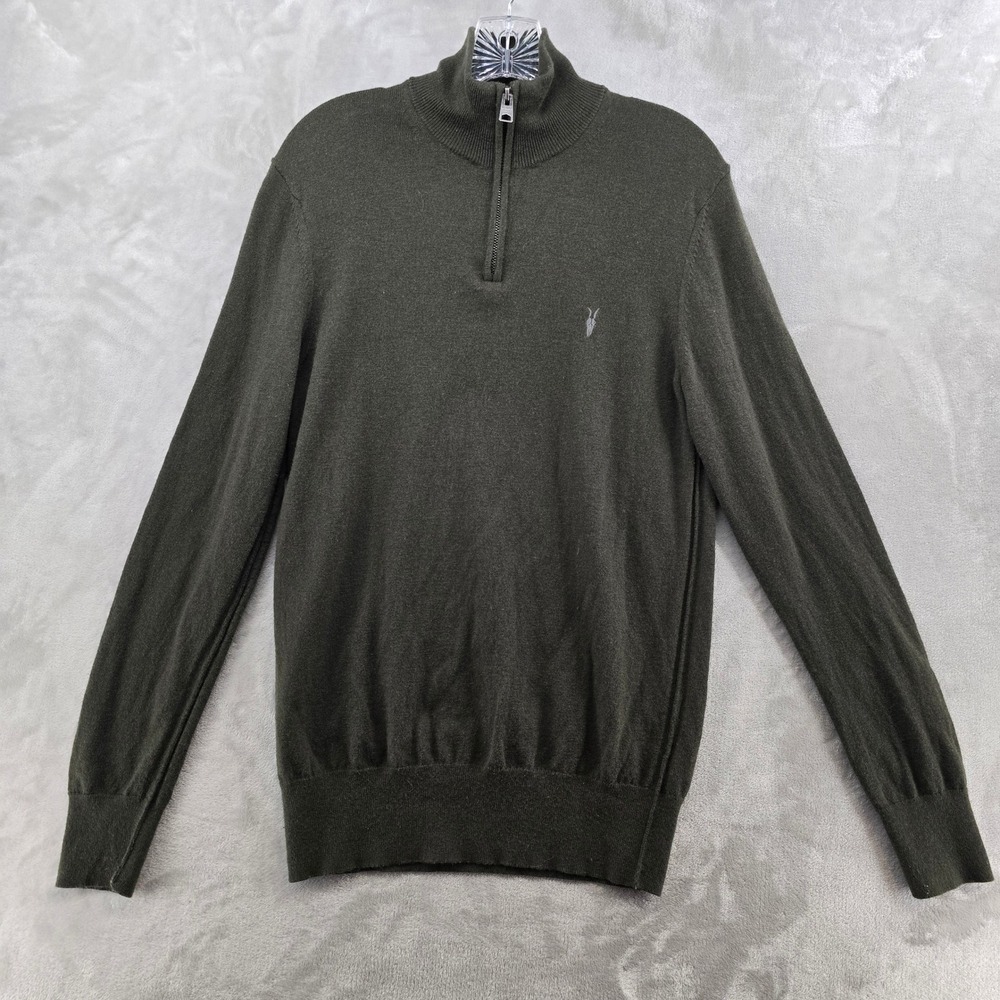 AllSaints Kilburn Zip Sweater Men Small Olive Green Wool Quarter Zip Sweater